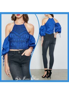 Size: Small Chic Royal Blue Boho Crochet Front Cold Shoulder Crop Top